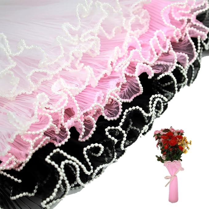 3PCS Flower Wrapping Mesh Paper，SEILETOO 4.37 Yards Pearl Edge Bouquet Packaging Paper for Party Favor Decor, Florist Supplies Wedding Gift Packaging