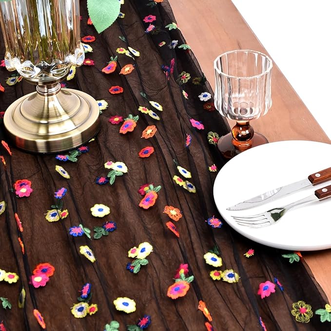 Joanlody 3pcs Black Embroidery Daisy Christmas Table Runner 10ft Florals Seasonal Tulle Table Runner Holiday Kitchen Dining Table Decoration for Home Party Indoor