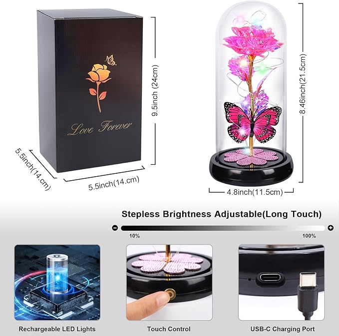 Christmas Rose Gifts for Women Birthday Gift Rechargeable Galaxy Glass Rose Light Up Roses In Glass Dome Forever Crystal Flowers Butterfly Xmas Gifts for Women Wife Grandma Her Sister Friends Pink