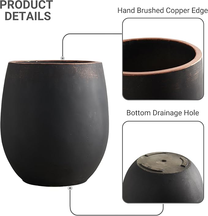 Wallowa 15.5" H Outdoor Concrete Planter, Round Flower Pot with Drainage Hole and Silicone Plug, Plant Container for Garden, Patio, Home, Office, Black, Copper Rim, 1 Pack