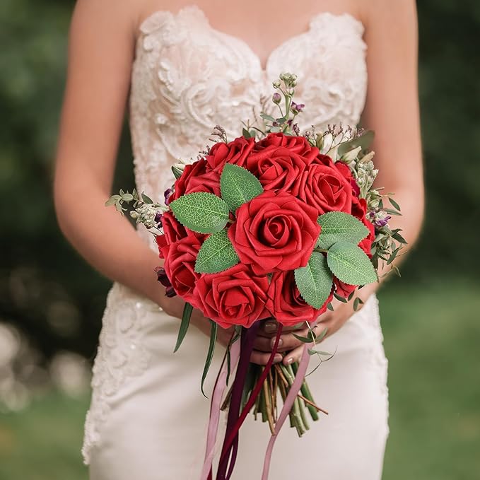 AmyHomie Artificial Flowers Red Rose 50pcs Real Looking Fake Roses w/Stem for DIY Wedding Bouquets Centerpieces Arrangements Party Baby Shower Valentines Day Christmas Tree Decorations