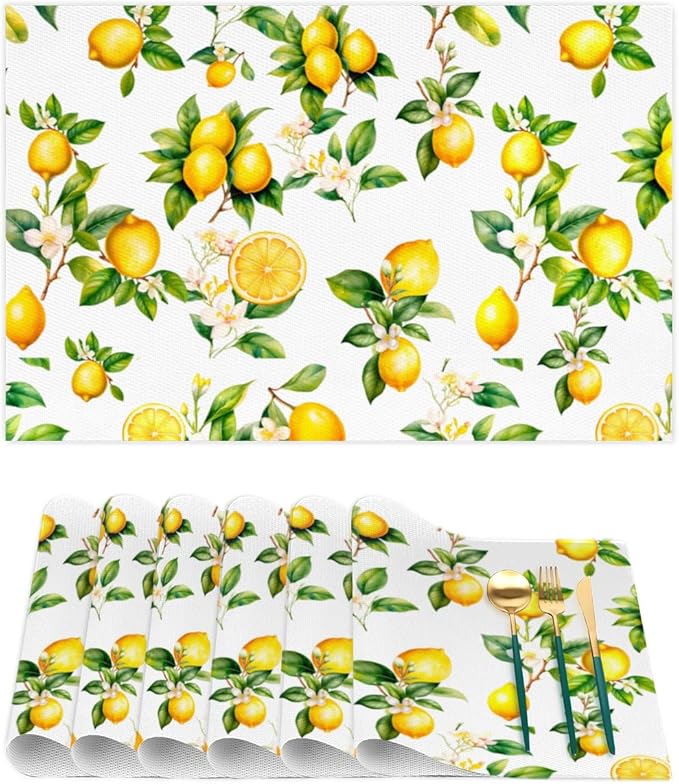 Lemon Tropical Summer Placemats Set of 6 PVC Vinyl Non Slip Table Mats Waterproof Heat Resistant Place Mats Washable Wipeable Dining Table Mat for Kitchen Party Indoor Outdoor Decorative