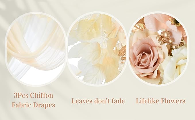 Ting's time Wedding Arch Flowers and Drape Kit (Set of 5) 2 Pcs Artificial Floral Swag Arrangement 3 Pcs Arch Draping Fabric for Wedding Ceremony Arbor and Reception(Beige)