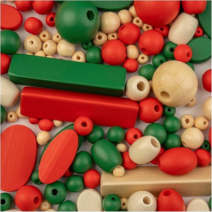 John Bead 90g Craft Beads Dark Green/Red/Natural Wood Beads with Elastic Nylon Cord