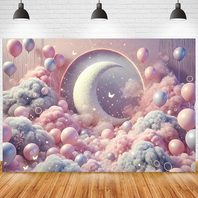 Dreamy Moon and Balloons Backdrop Pink Dreamy Balloon Moon Baby Birthday Decoration Kids Portrait Photo Backdrop Newborn Baby Photography Background (7x5feet)