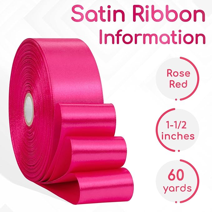 Hot Pink Satin Ribbon 1-1/2 Inch 60 Yards, Solid Polyester Fabric Ribbon for Flower Bouquet, Crafts, Gift Wrapping, Baby Shower, Birthday, Wedding and Handmade Roses
