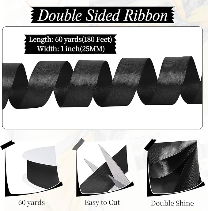 Black Ribbon 1 inch 60 Yards Double Faced Black Satin Ribbon for Halloween Christmas Decor Gift Wrapping Crafts Hair Bows Streamers Party Graduate Gift