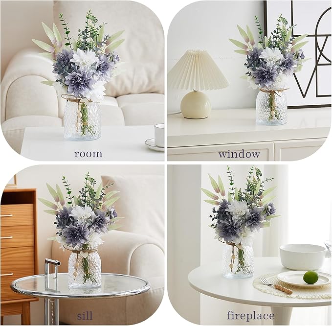 Artificial Flowers Combo Bue Wite Flowers Mix Silk Flowers Dahlia, fake flowers for Wedding Bridal Bouquets, Floral Arrangement, Table Centerpieces. Fake Plastic Flowers Bulk Vase Decoration