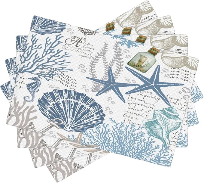 Nautical Placemats Set of 4,Summer Starfish Beach Theme Ocean Seashell,Blue Coastal Linen Fabric Table Mats for Home Kitchen Dining Party Decor 4 PCS