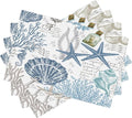 Nautical Placemats Set of 4,Summer Starfish Beach Theme Ocean Seashell,Blue Coastal Linen Fabric Table Mats for Home Kitchen Dining Party Decor 4 PCS