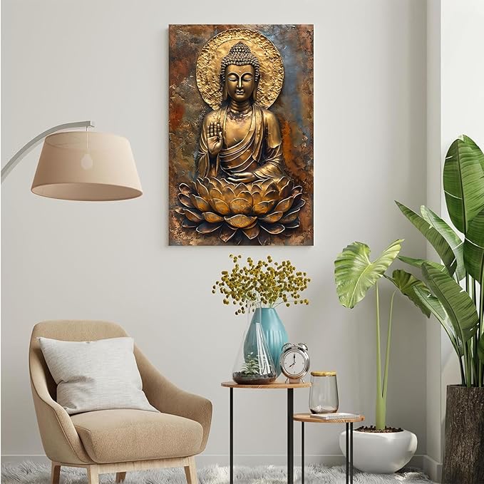 Buddha Wall Art Golden Buddha in Lotus Seat Serene spiritual statue radiant aura Meditation and mindfulness wall art suitable for sacred spaces 28x40in Frameless