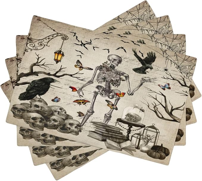 Halloween Skeleton Placemats Vintage Country Gothic Dark Raven Misty Spiderweb Placemats Table Kitchen Dining Party 12x18 Inch Set of 4