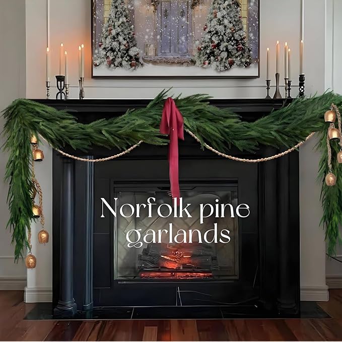 6FT Christmas Artificial Norfolk Pine Garland, Real Touch Faux Greenery Garlands for Mantle,Table, Window, Stairs, Banister, Fireplace, Wall, Door, Home, Indoor Outdoor Holiday Xmas Decortions