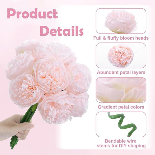 10PCS Pink Realistic Artificial Flowers Peony Fake Silk for Home Office Wedding Table Centerpieces Party Festival Bar Decoration Indoor