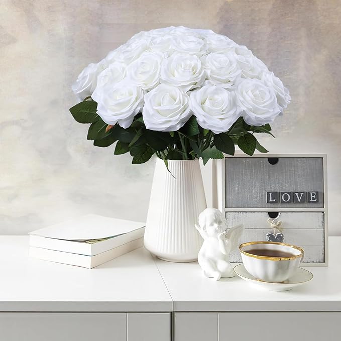 Artificial Rose Flower White Flowers White Roses Silk Flowers 50 pcs with Long Stem Silk Roses Bouquet for Wedding Bridal Shower Party Home Decoration