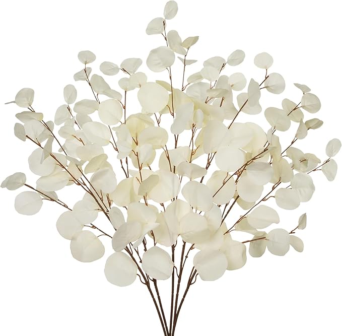Cream White Eucalyptus Stems Fake Eucalyptu Leaves 34” Long Silver Dollar Leaves 5 Pcs Silk Eucalyptu Stems for DIY Bouquet Arrangements Centerpieces Shower Decorations-Artificial Eucalyptus Spray