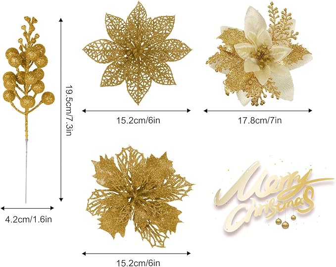 RECUTMS 66 Pcs 3 Styles Christmas Glitter Poinsettia Flowers Artificial Berry Picks Christmas Tree Ornaments Artificial Christmas Flowers with Clips for Xmas Wedding Wreath Floral Decorations (Gold)