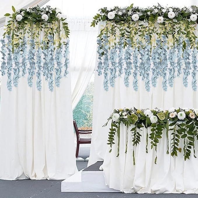 12PCS 3.6Ft Artificial Wisteria Hanging Flowers Dusty Blue Fake Hanging Flowers Garland Silk Flowers Rattan String Faux Wisteria Vine for Garden Home Wedding Arch Decorations (Dusty Blue)