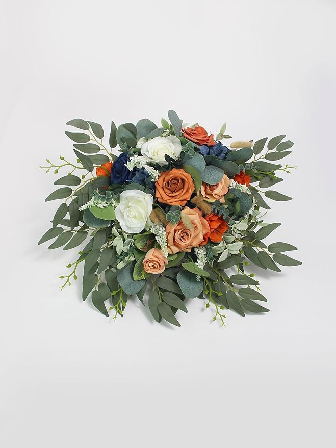 Rinlong Fall Wedding Bouquets for Bride Navy Blue Burnt Orange Bridal Bouquet for Wedding Terracotta Bouquets Boho Artificial Flowers