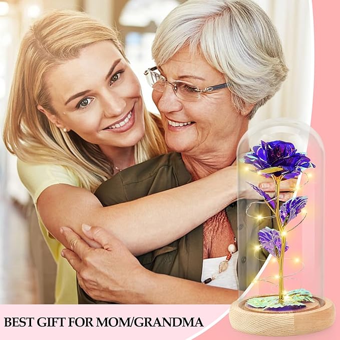 Beferr Mom Birthday Gifts for Women, Galaxy Glass Rose Forever Preserved Flowers for Delivery Prime Light Up Rose in Glass Dome Christmas Rose Gifts for Her Wife Daughter Friends, Purple