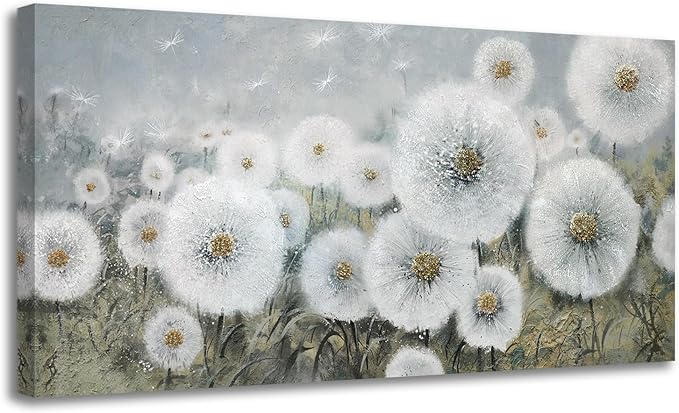 Ardemy Flower Wall Art Canvas Dandelion Painting White Floral Picture, Textured Large Framed for Living Room Bedroom Kitchen Dining Room Home Office Decor 48"x24"