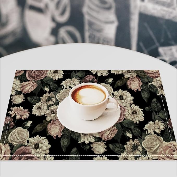 Floral Placemats Set of 6, 17x12 Inch Vintage White Pink Rose Flower Spring Plant Boho Art Print Table Mats for Home Party Kitchen Dining Decor