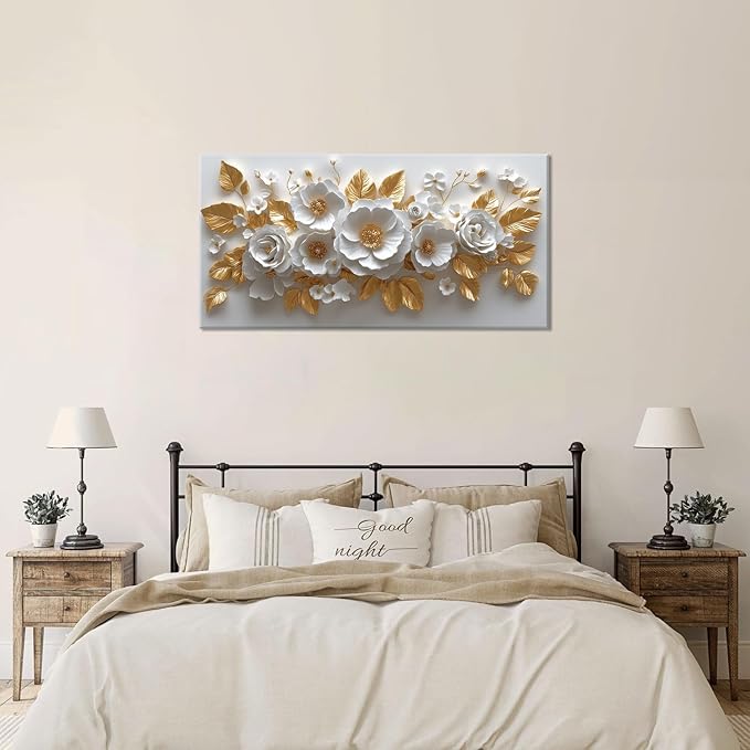 IDAFU Flower Wall Art White Foral and Golden Leaves Wall-décor White Wall Art Floral Painting Pictures for Living Room Bathroom Bedroom Kitchen Office Cuadros Decorativos Para Sala Decor 58L x28W