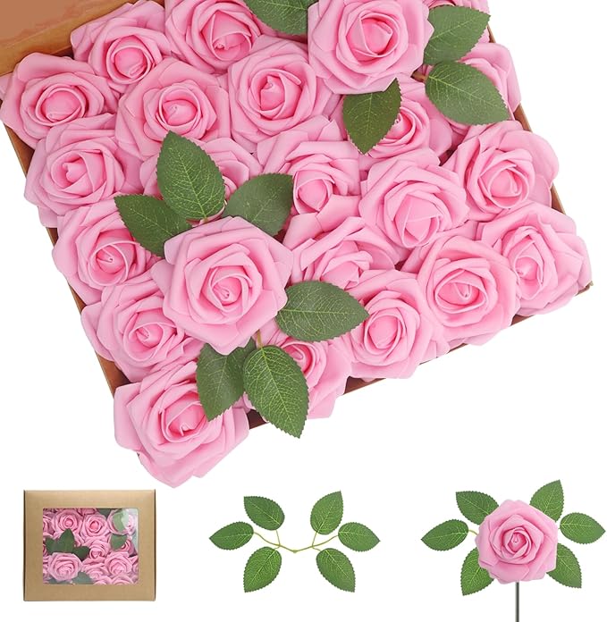 Artificial Flowers Dark Pink Roses 100PCS Real Looking Foam Fake Roses with Leaves and for DIY Wedding Bouquets Bridal Shower Centerpieces Party Decorations (Dark Pink, 100)