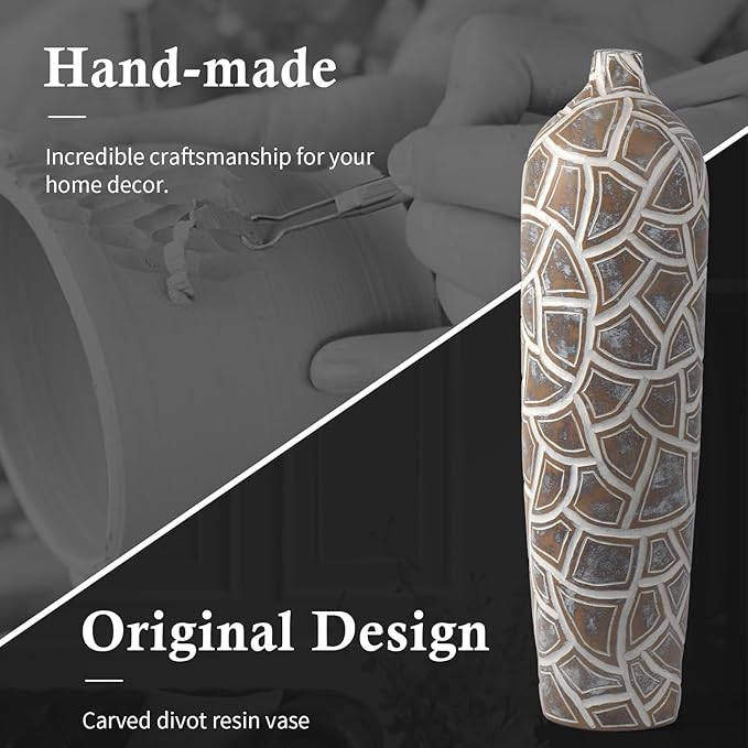 Modern Large Floor Vase,Brown Carved Texture Resin Vase for Home Decor,24.6'' Tall Flower Vases for Entryway Living Room