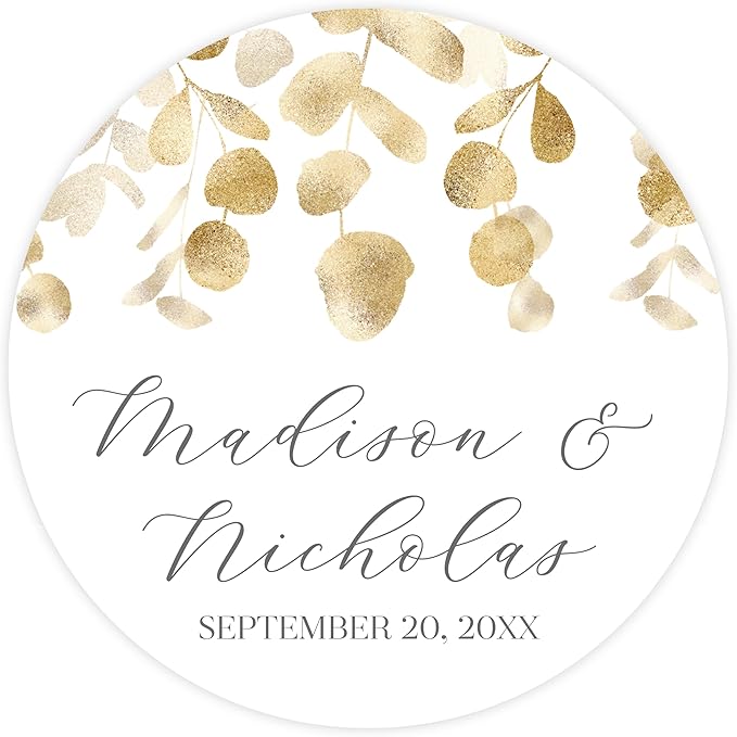 Personalized Floral Wedding Stickers with Your Choice of 30 Flower Styles - Choose Font and One of Five Pre-made Phrases or Add Custom Text (004 - Gold Leaves)