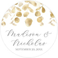 Personalized Floral Wedding Stickers with Your Choice of 30 Flower Styles - Choose Font and One of Five Pre-made Phrases or Add Custom Text (004 - Gold Leaves)