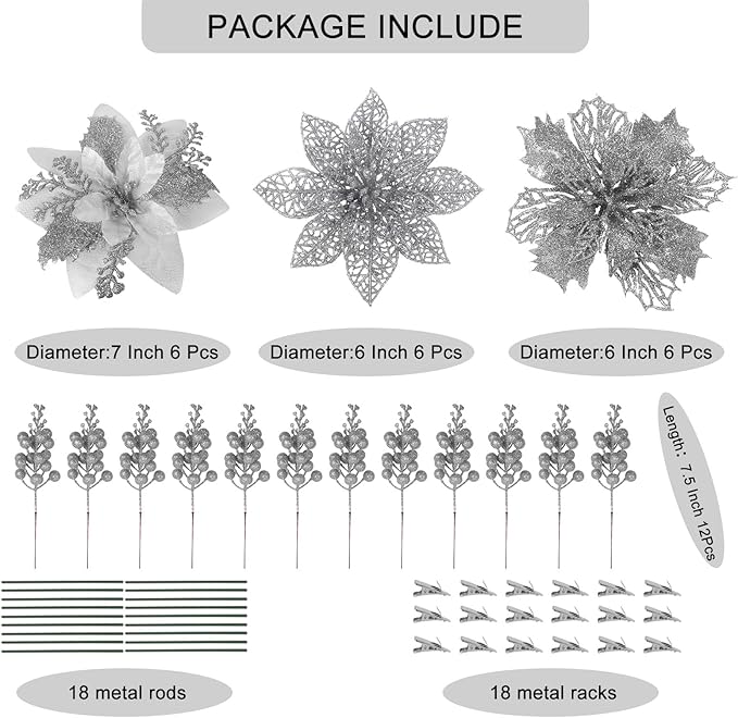 RECUTMS 66 Pcs 3 Styles Silver Christmas Ornaments Christmas Glitter Poinsettia Flowers Artificial Christmas Tree Flower Decorations Wedding Wreath Floral Decorations (Silver)