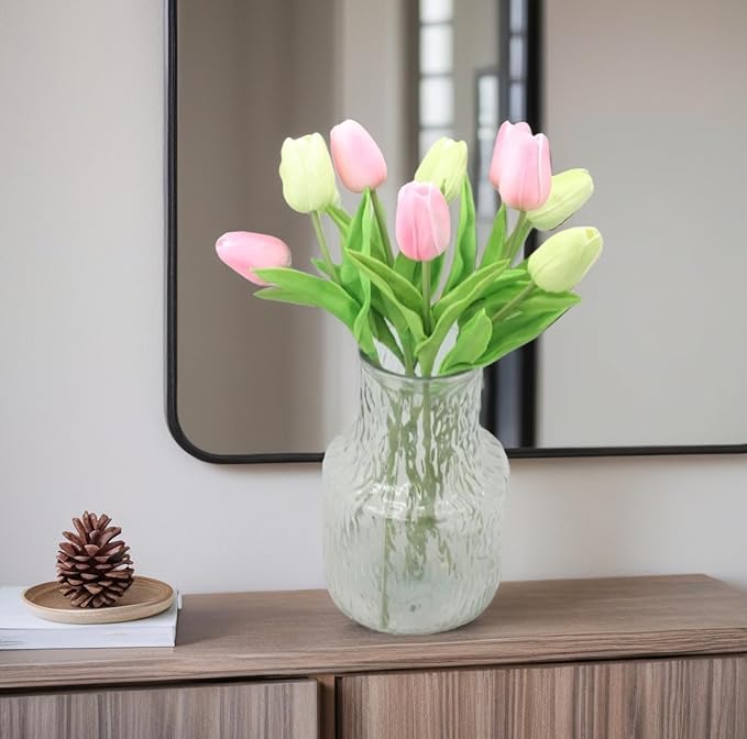 Artificial Flowers 10 Heads Mini Real Touch Artificial Tulip for Home Wedding Party Centerpiece Decoration (Green&Pink)