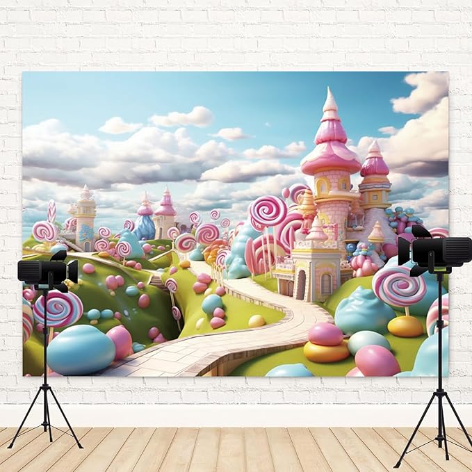10x6.5ft Candyland Backdrop Fantasy Candy Castle Photography Background Sweet Lollipop Dream Blue Sky White Cloud Kids Birthday Banner Decorations Baby Shower Newborn Portrait Photo Booth Prop