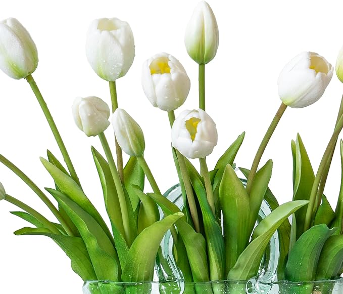 15pcs Artificial Tulips Flowers, Real Touch Latex Bouquet, Fake Tulips for Office Wedding Party Home Kitchen Garden Decoration-B White