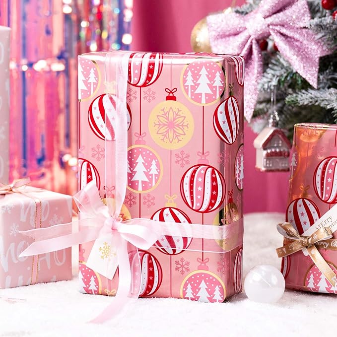 MAYPLUSS Christmas Wrapping Paper Roll - 17 Inch X 33 Feet - Pink Christmas Bell Tree Snowflake Star Reversible HO Gift Wrapping Paper, Thick Wrap Paper for Holiday Party New Year Kids