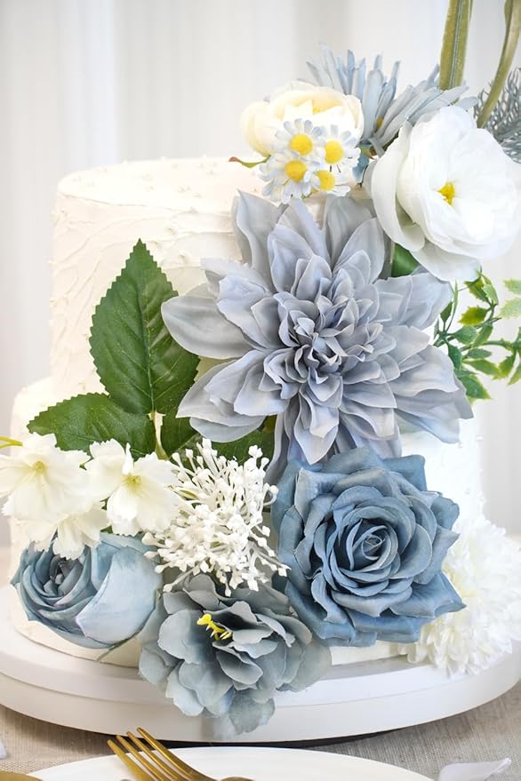 Artificial Flower Combination Box Set Artificial Flower Loose Leaves and Stems DIY Wedding Center Bouquet Bride Wedding Baby Shower(Grey White Blue)