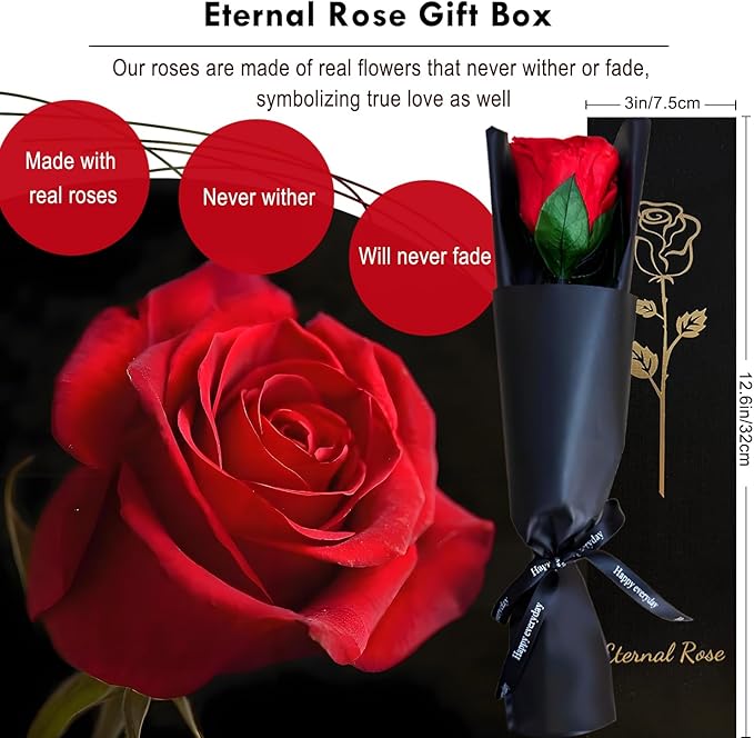 WILLSHINE Eternal Rose with Stem,Single Real Preserved Rose Gift Box,Forever Red Flower Stems Bouquets for Women,Mum,Wife,Girlfriend,Valentine's Day,Mother's Day,Chirstmas,Birthday,Aniversary Gift