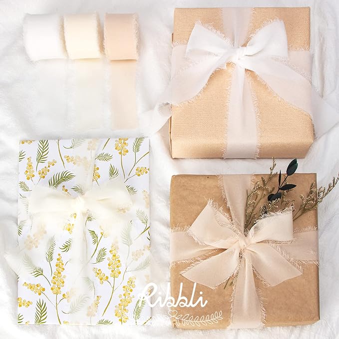 Ribbli Chiffon 1-1/2 inch x 20 Yard Handmade Fringe Cream Ivory Silk Ribbon for Wedding Invitations, Bridal Bouquets, Flower Arrangement Decoration
