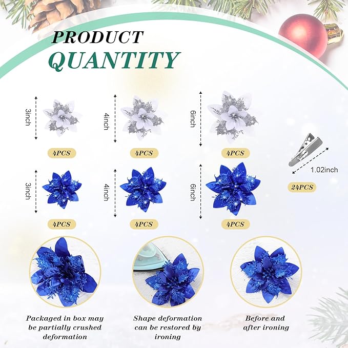 Geosar 24 Christmas Glitter Artificial Poinsettia Flowers Xmas Poinsettia Wedding Flowers Decorations Xmas Tree Ornaments with Clips for Party Favors, 6 Inch, 4 Inch, 3 Inch (Blue and Sliver)