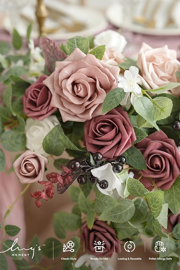 Ling's moment 2PCS Artificial Floral Swags Centerpieces Wedding Flower Rose Garland Greenery Arrangements for Sweetheart/Head Table Decor Wedding Car Wall Arch Garden Decor | Dusty Rose & Mauve