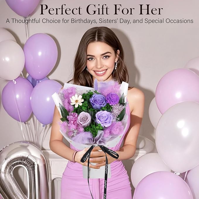 Preserved Flowers Bouquet - Forever Flowers for Delivery, Real Eternal Roses Bouquet Gifts for Women Mother Mom Girlfriend Wife Anniversary Birthday Present for Her, Light Purple