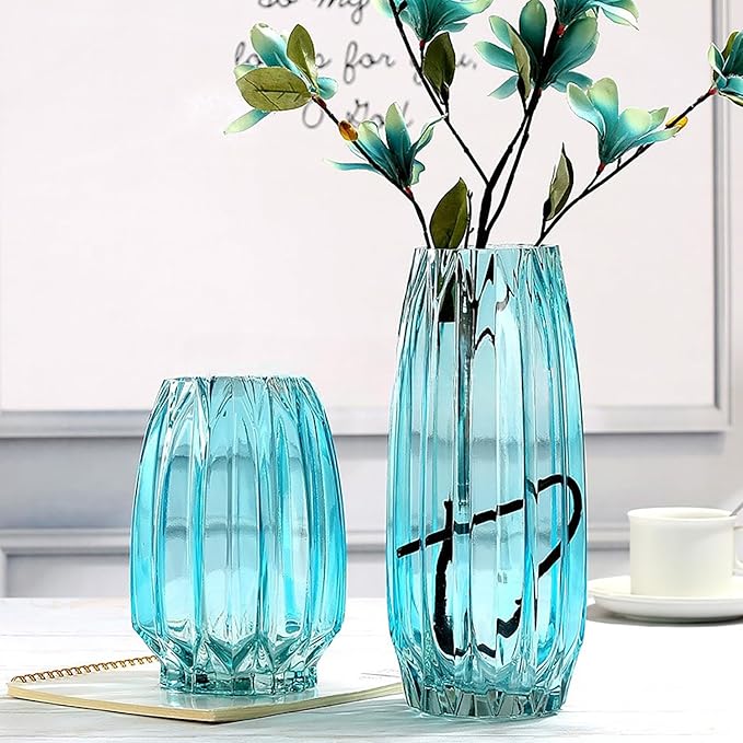 Modern Ribbed Blue Glass Vase for Flowers, Candles, and Decorative Accents - Tall/Short for Centerpieces and Table Decor (12.0inch)