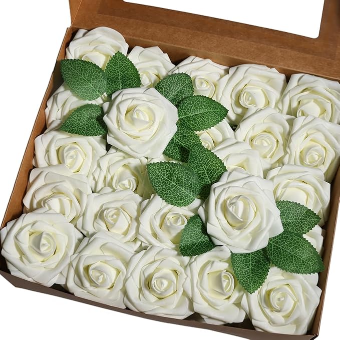 50pcs Artificial Flower，Real Touch Foam Roses w/Stem DIY for Wedding Bouquet Centerpieces Party Shower Home Decor-Ivory