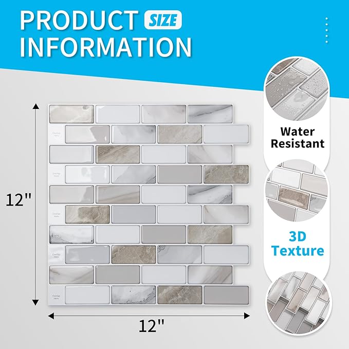 Art3d 10-Sheet Peel and Stick Backsplash Tile for Kitchen - 12”×12” Stick on Wall Tile for Kitchen Bathroom Countertop Living Room, Beige & White