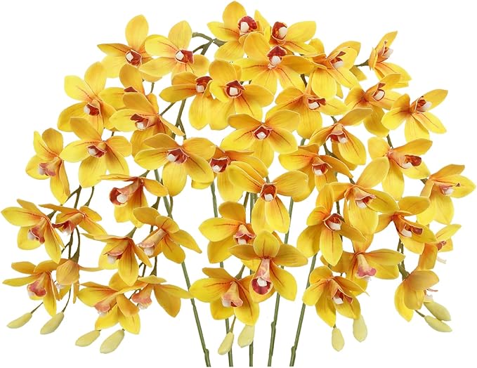 IPOPU Yellow 5 Pcs Artificial Orchids That Look Real Real Touch Latex Orchid Fake Flowers for Living Room Bathroom Kitchen Wedding and Engagement Centerpiece Arrangement