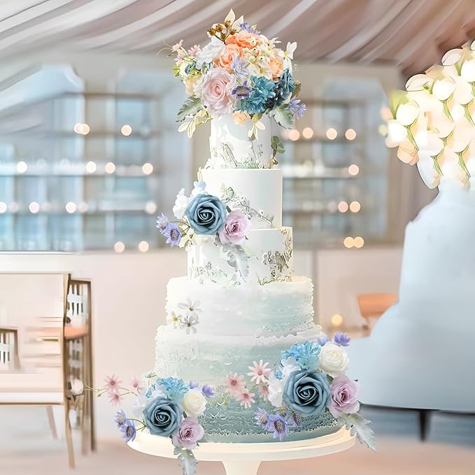Artificial Flowers Combo for DIY Wedding Bouquets Combo Centerpieces Arrangements Party Bridal Baby Shower Home Decorations-Blue&White