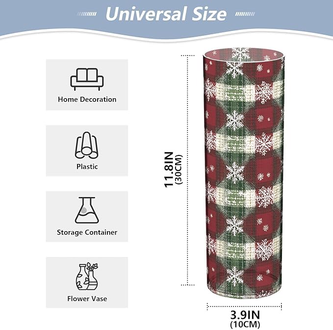 xmyzcd Red and Green Square Snowflakes Vase Cylinder Vases Clear Plastic Flower Vase Easy to Clean for Centerpieces Homes Offices Kitchens