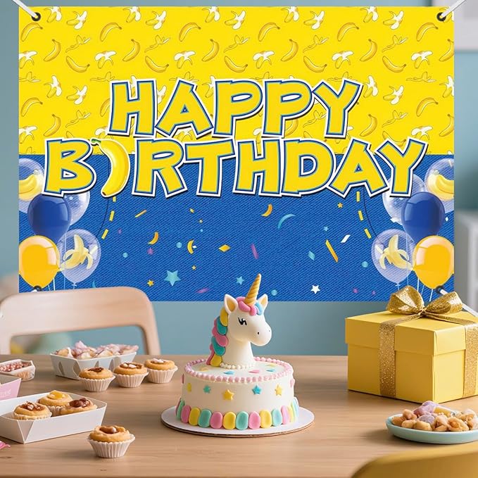 Birthday Party Backdrop Banner, Yellow and Blue Design with Balloons, 59.1 x 39.4 inches, Photo Background with 32ft Ribbon
