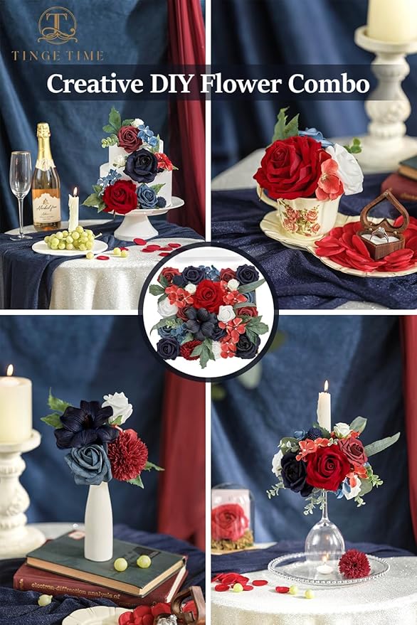 TINGE TIME Artificial Flowers Combo Mix Silk Flowers Navy Blue Roses w/stem for DIY Wedding Bridal Bouquets Baby Shower Floral Arrangement Table Centerpieces Home Decorations (Red & Navy Blue & White)